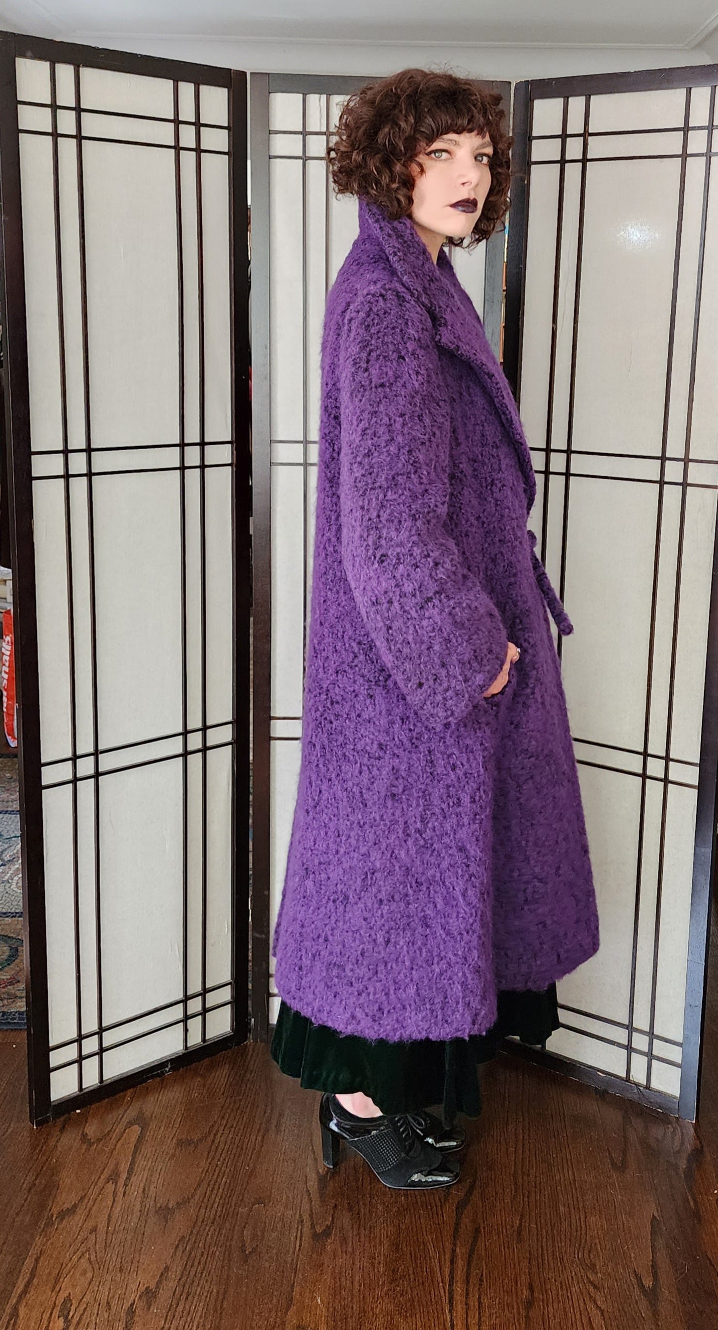 80 Purple Coat by Pauline Trigere Fuzzy Felt Texture - Large