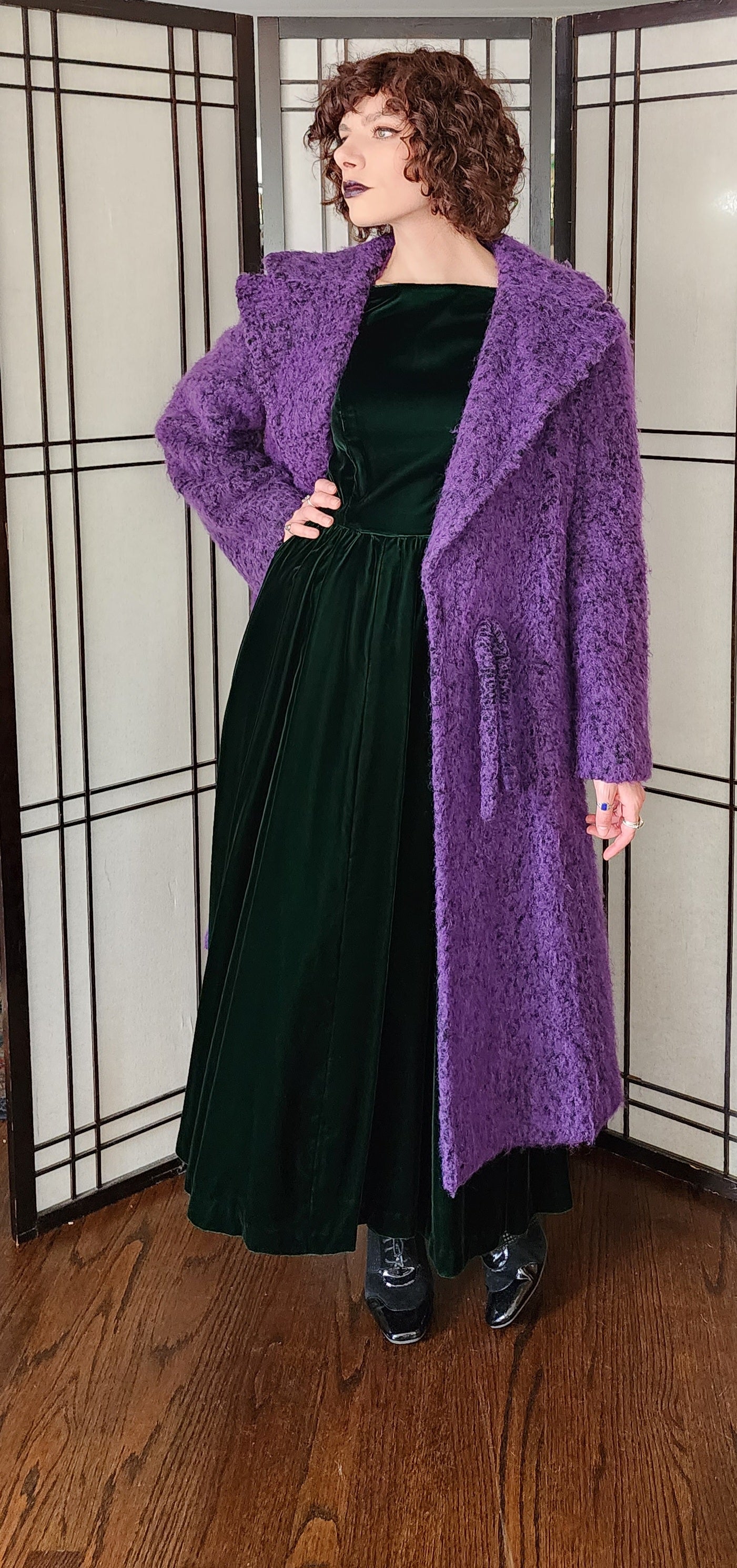 80 Purple Coat by Pauline Trigere Fuzzy Felt Texture - Large