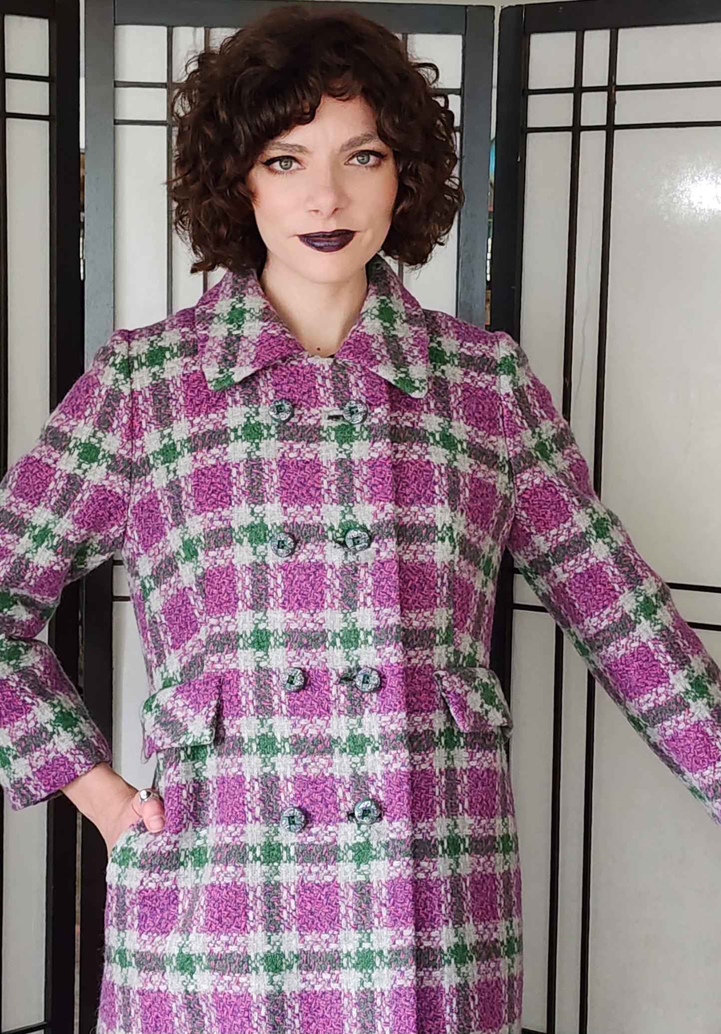 60s Purple Green Plaid Wool Coat Shagmore