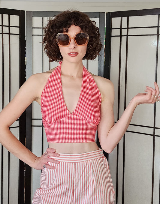 70s Halter Top Red White Checked Print