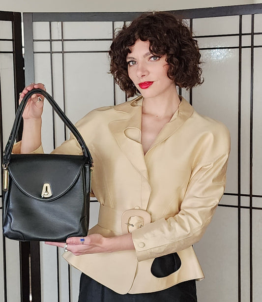 60s 70s Black Leather Bag Saks Fifth Ave