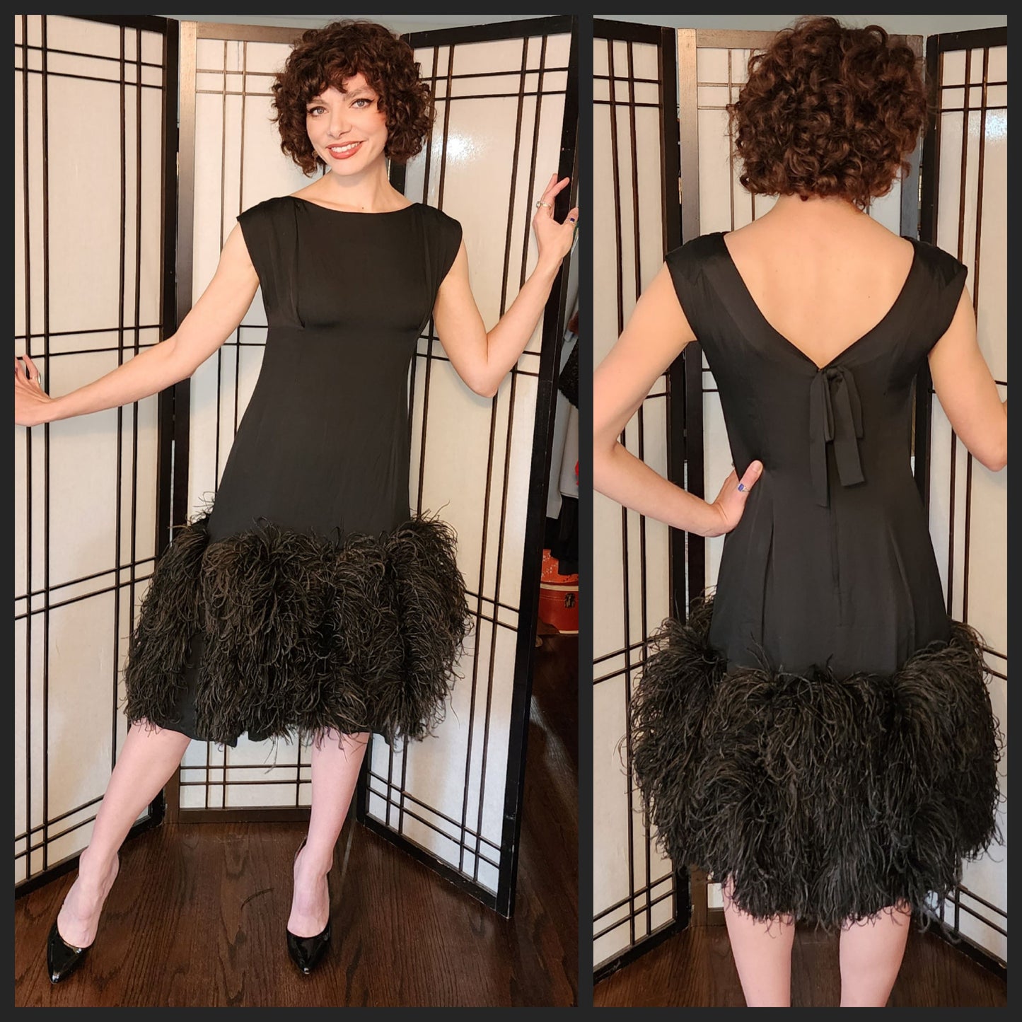 60s Black Party Dress Maribou w/ Feather Skirt