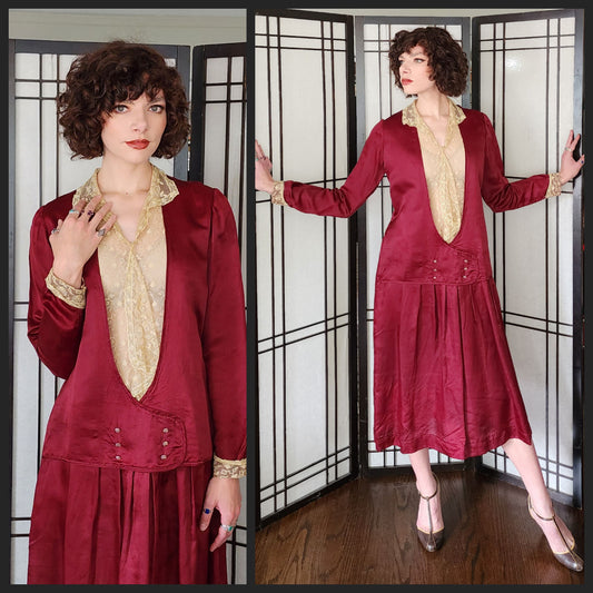 1920s Day Dress Long Sleeves Burgundy Red Silk Beige Lace M /L