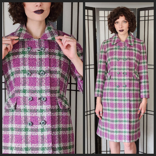 60s Purple Green Plaid Wool Coat Shagmore