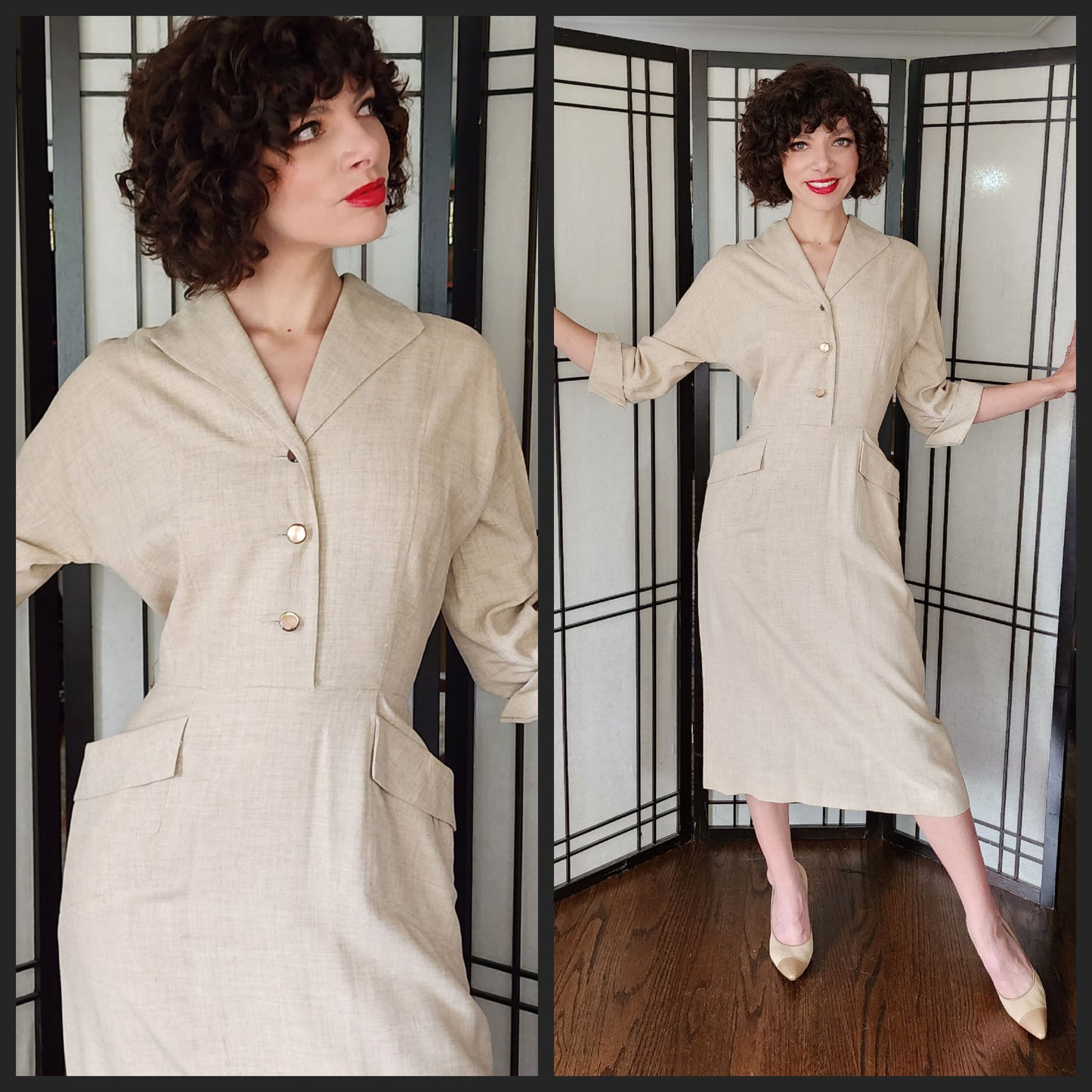 40s Beige Wool Shirtwaist Dress by Jack Mann