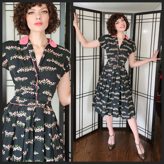50s Cotton Shirtwaist Dress Black Pink Floral Print