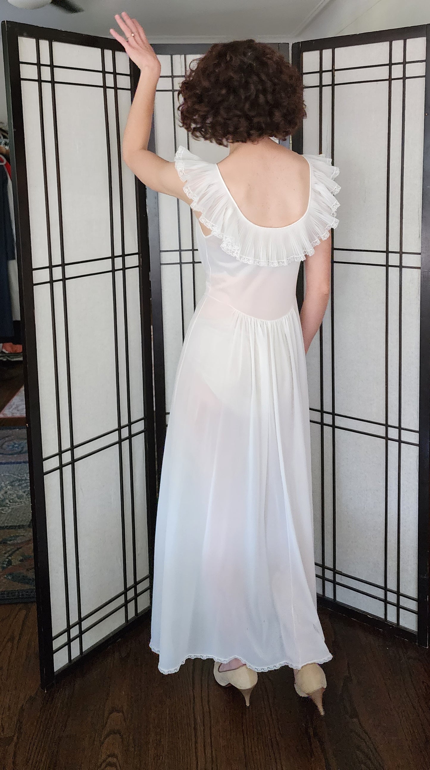 40s White Nylon Night Dress Long Slip Ruffled Collar AS IS