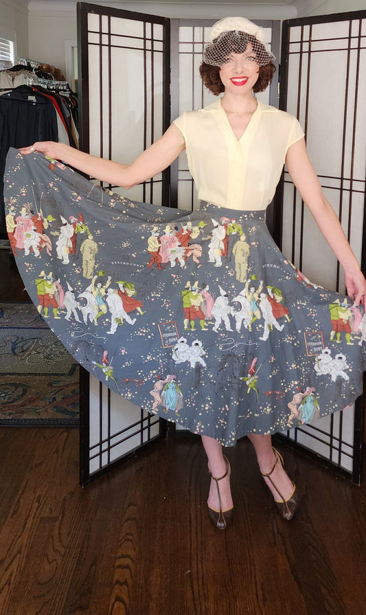 50s Cotton Print Circle Skirt in Gray Carnival Print Italian Theater Rockland