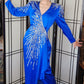 80s Does 40s Blue Silk Party Dress Sequined Wrap Style Pave