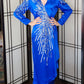 80s Does 40s Blue Silk Party Dress Sequined Wrap Style Pave