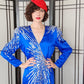 80s Does 40s Blue Silk Party Dress Sequined Wrap Style Pave