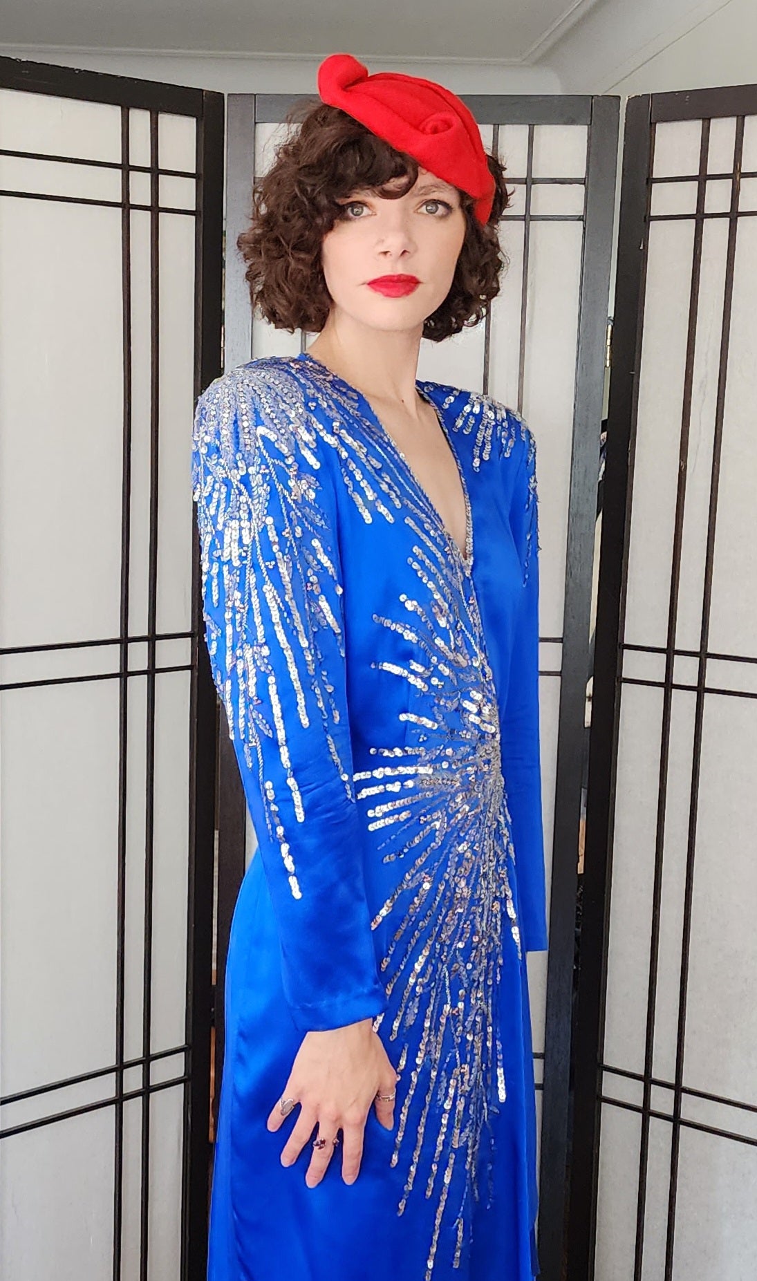 80s Does 40s Blue Silk Party Dress Sequined Wrap Style Pave 80s Does 40s Blue Silk Party Dress Sequined Wrap Style Pave