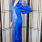 80s Does 40s Blue Silk Party Dress Sequined Wrap Style Pave