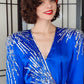 80s Does 40s Blue Silk Party Dress Sequined Wrap Style Pave