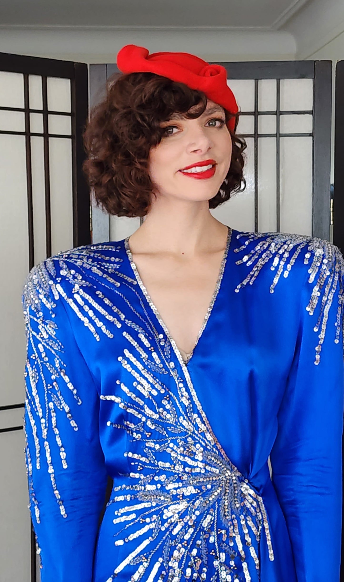 80s Does 40s Blue Silk Party Dress Sequined Wrap Style Pave