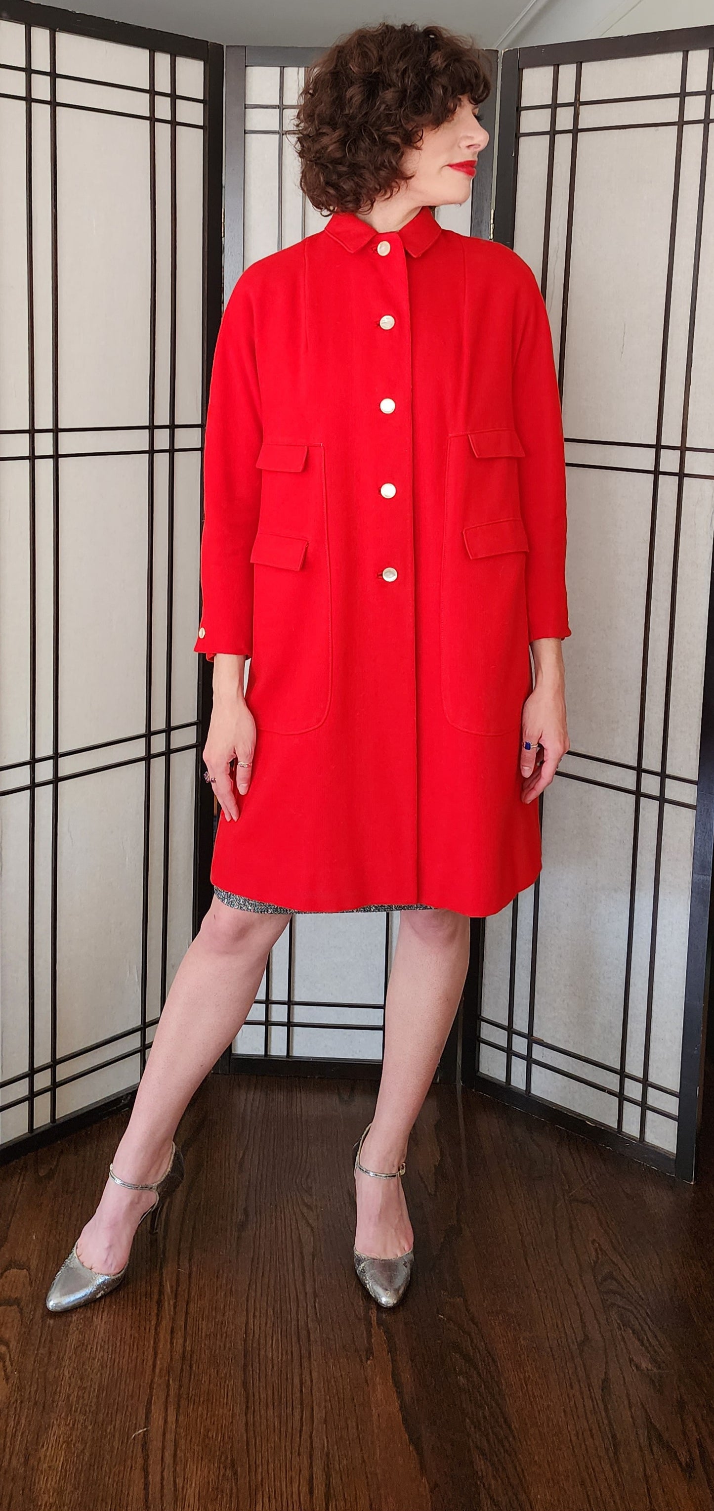 60s Red Wool Coat White Buttons Double Flap Pockets M
