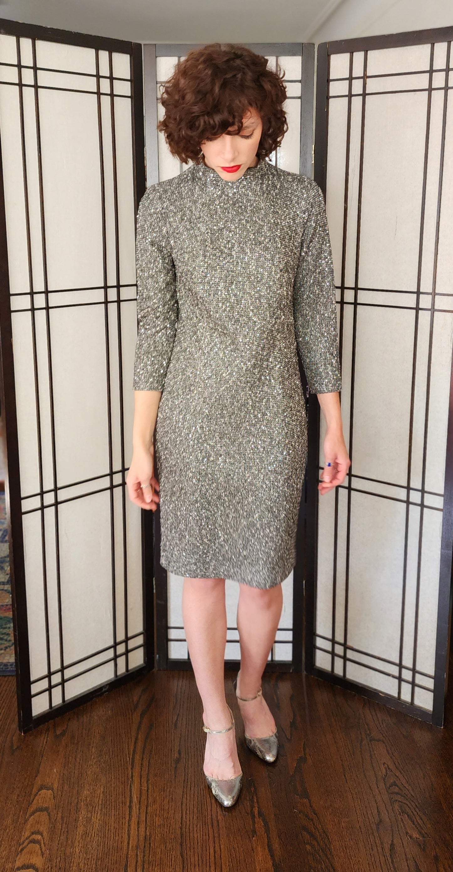 J Mclaughin Sequined Gray Dress Mock Neck New with Tags / S