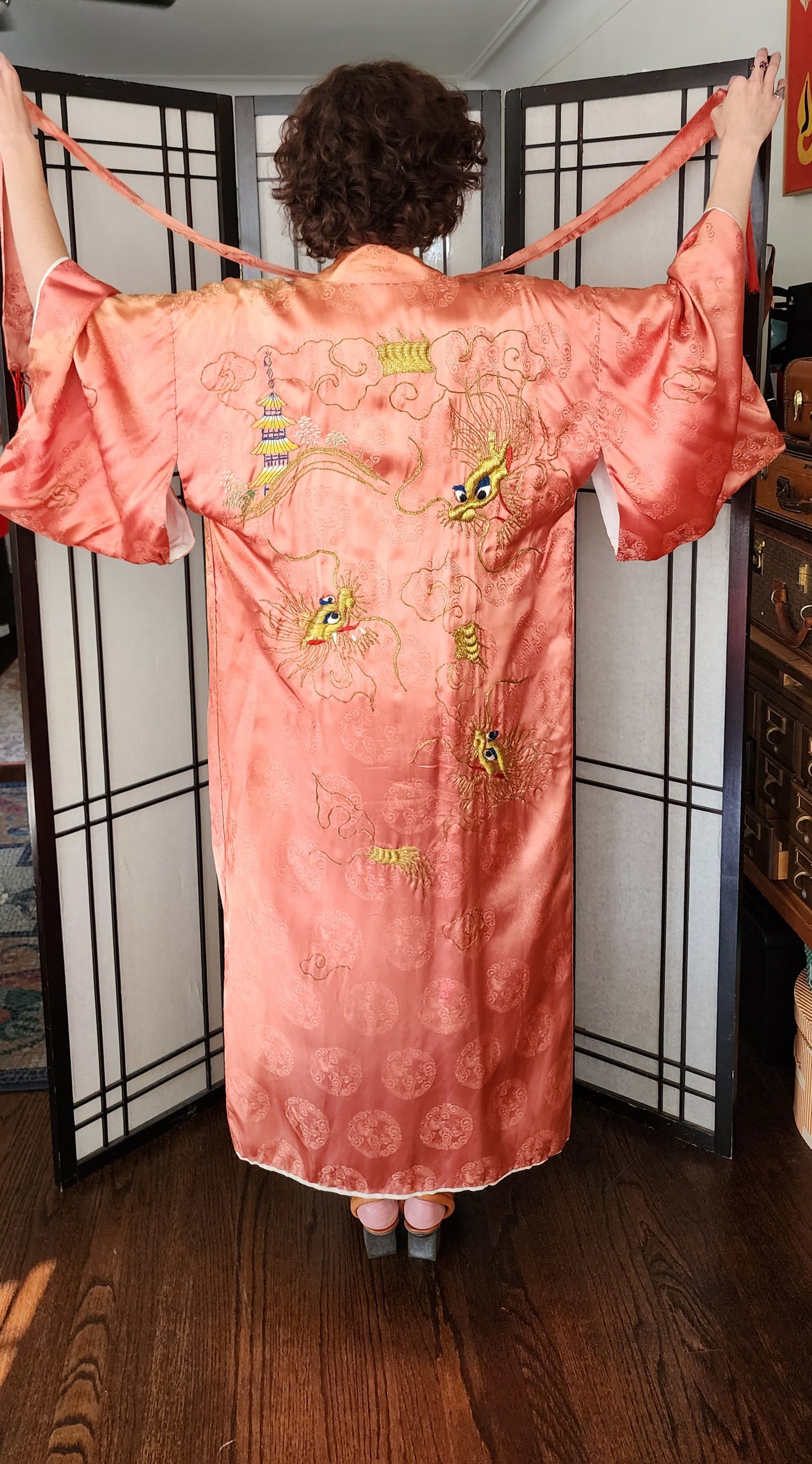 Vintage Silk Kimono Orange Peach Embroidered Dragon