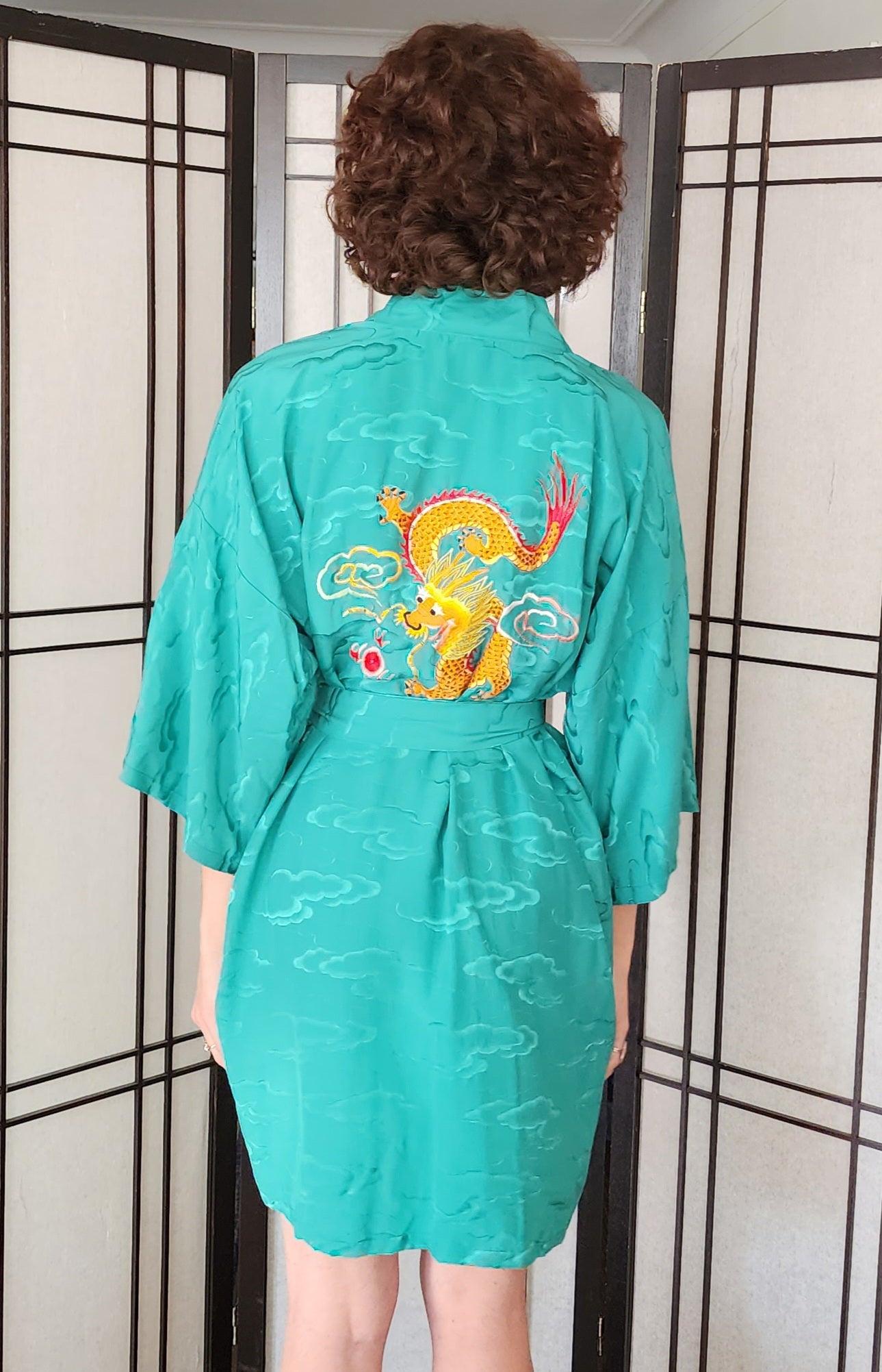 60s Chinese Green Silk Robe Dragon Embroidered Longevity