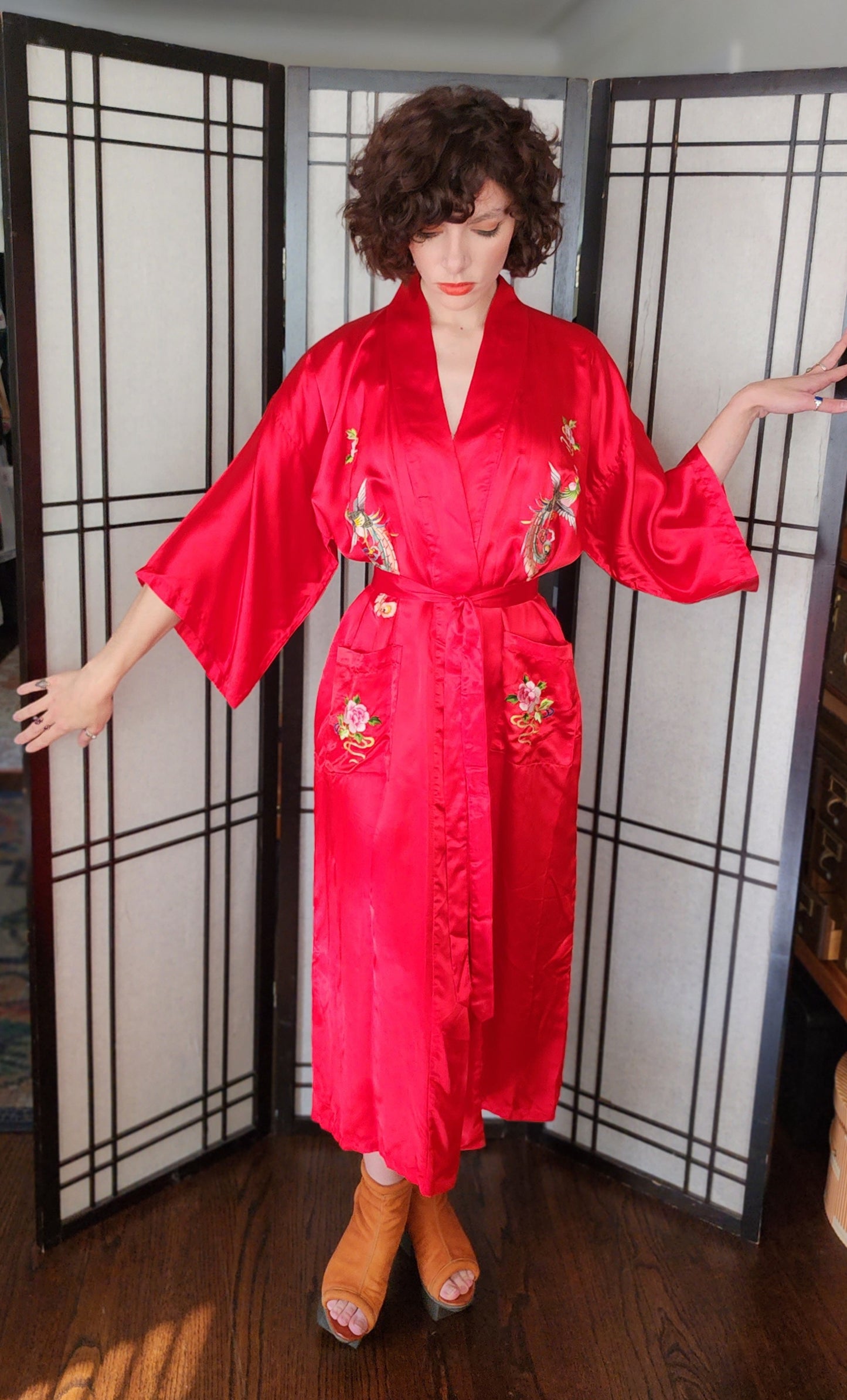 60s Chinese Silk Robe Red Embroidered Golden Bee