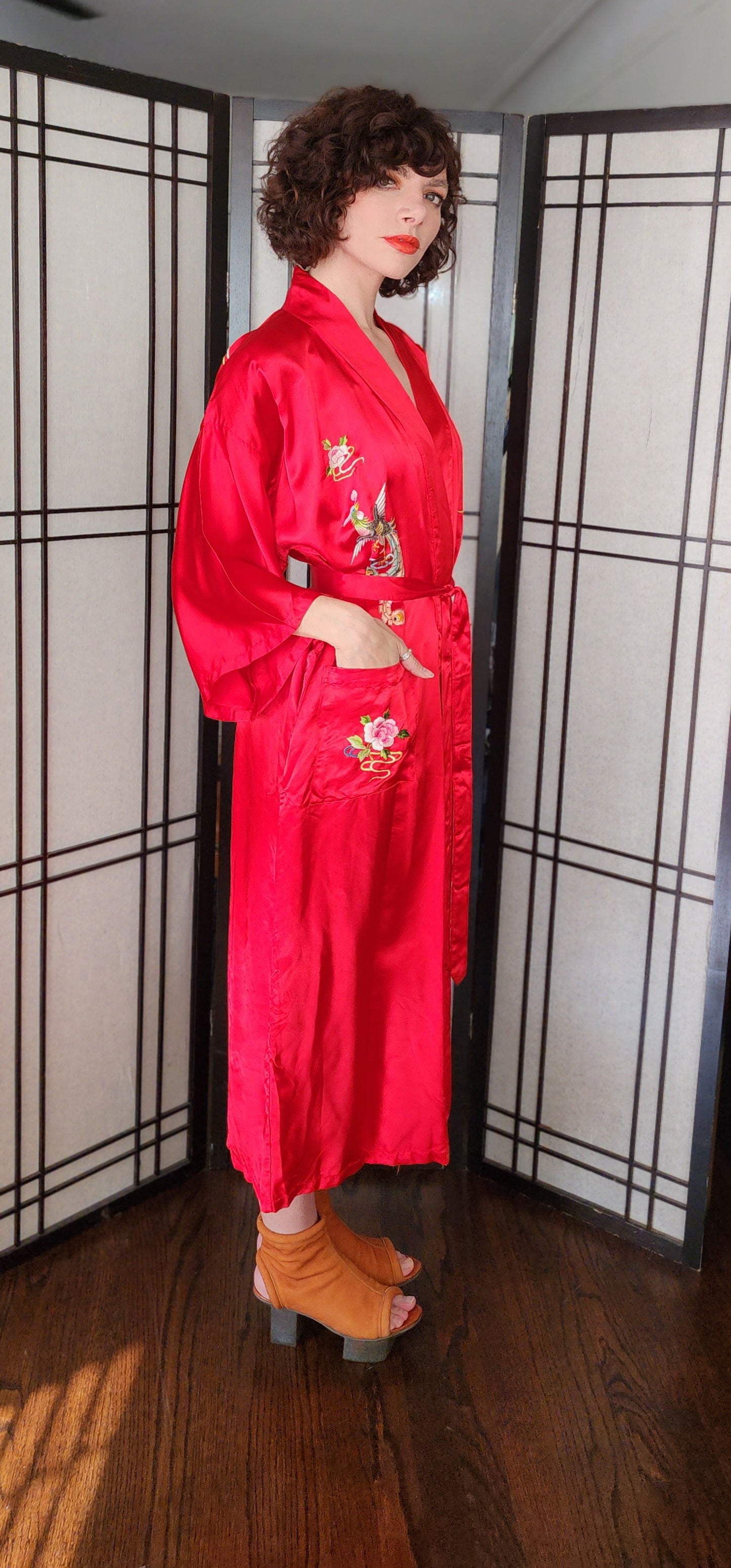 60s Chinese Silk Robe Red Embroidered Golden Bee