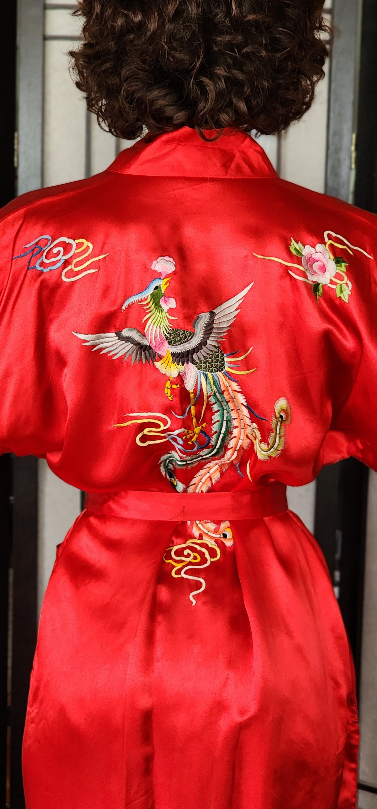 60s Chinese Silk Robe Red Embroidered Golden Bee