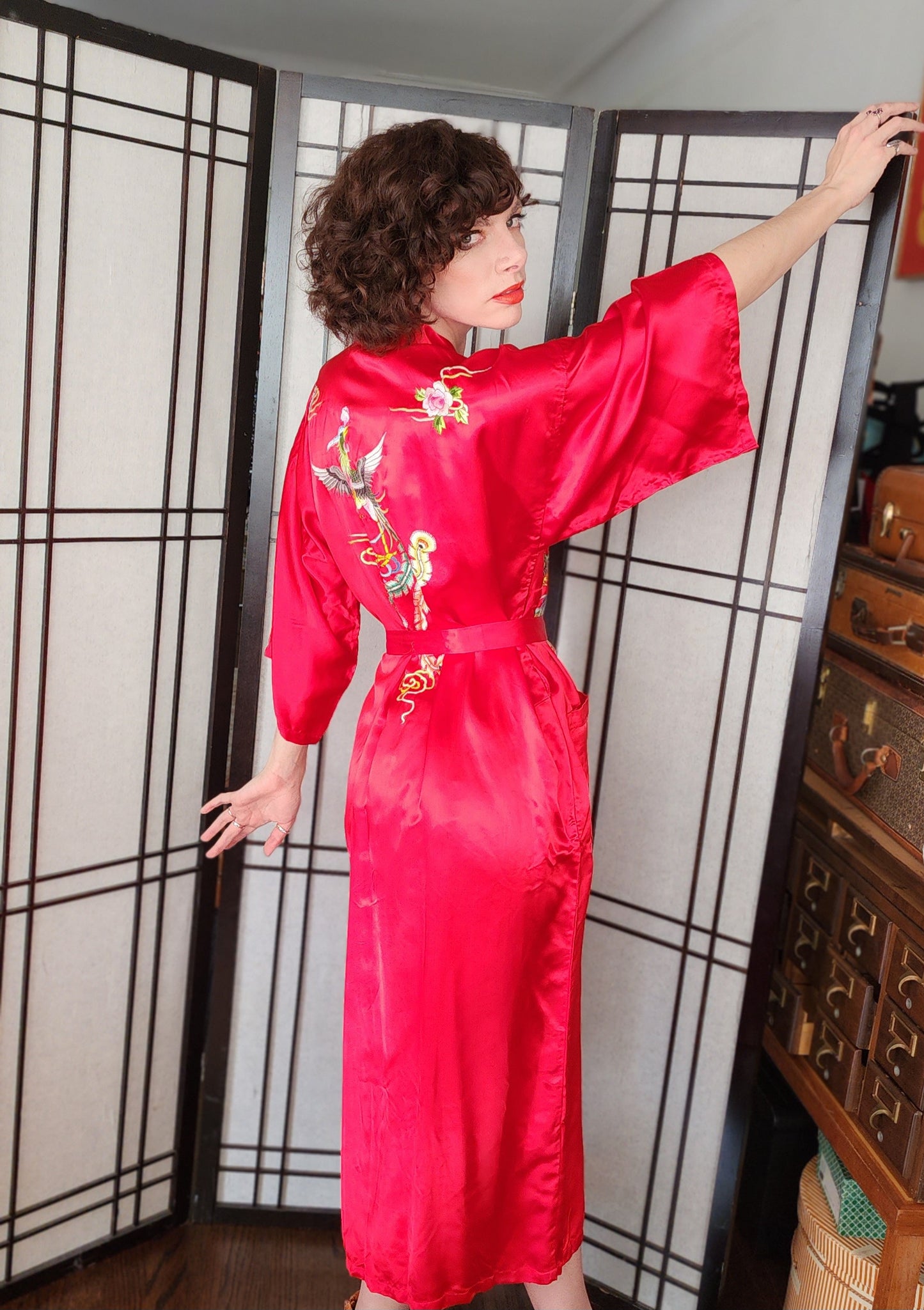 60s Chinese Silk Robe Red Embroidered Golden Bee