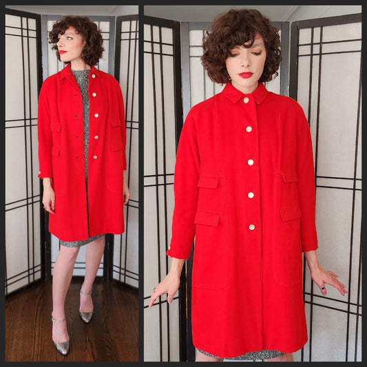 60s Red Wool Coat White Buttons Double Flap Pockets M