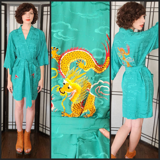 60s Chinese Green Silk Robe Dragon Embroidered Longevity