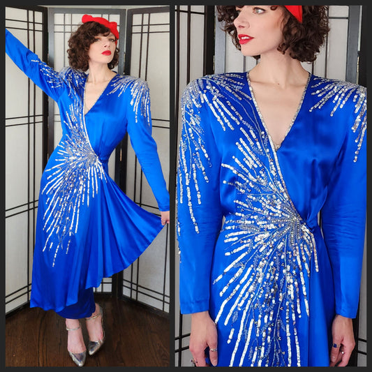 80s Does 40s Blue Silk Party Dress Sequined Wrap Style Pave