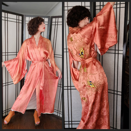 Vintage Silk Kimono Orange Peach Embroidered Dragon