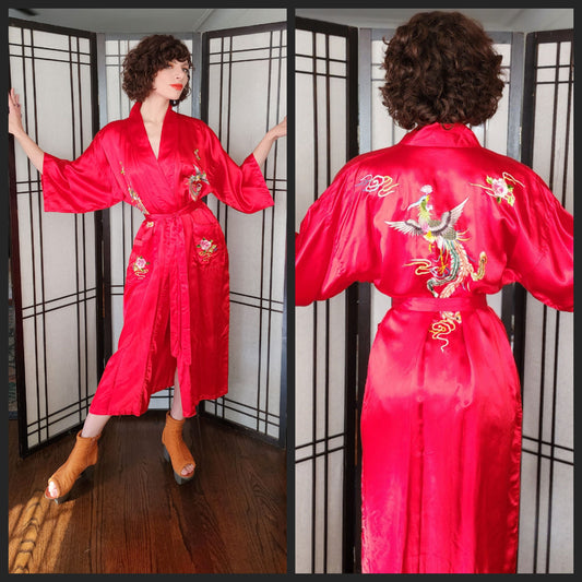 60s Chinese Silk Robe Red Embroidered Golden Bee
