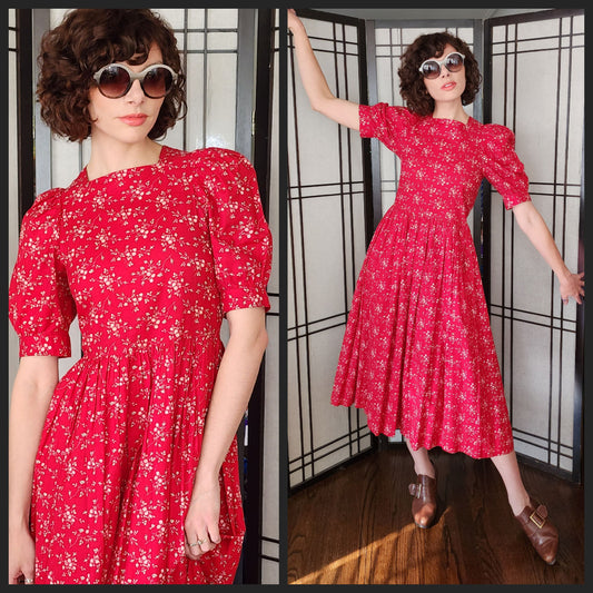 80s Laura Ashley Dress Red Cotton Floral Print w/Short Sleeves