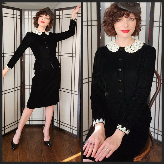 80s Black Velvet Dress White Lace Collar Joan Leslie Kasper