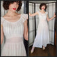 40s White Nylon Night Dress Long Slip Ruffled Collar AS IS