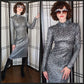 80s St John Knit Silver Sequined Dress Mock Neck Metallic / M