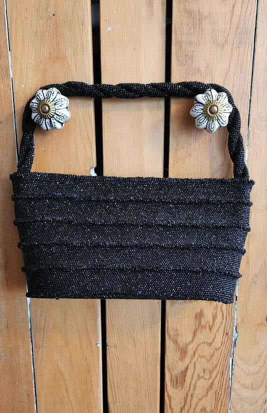 50s Black Beaded Handbag Shiny Hematite