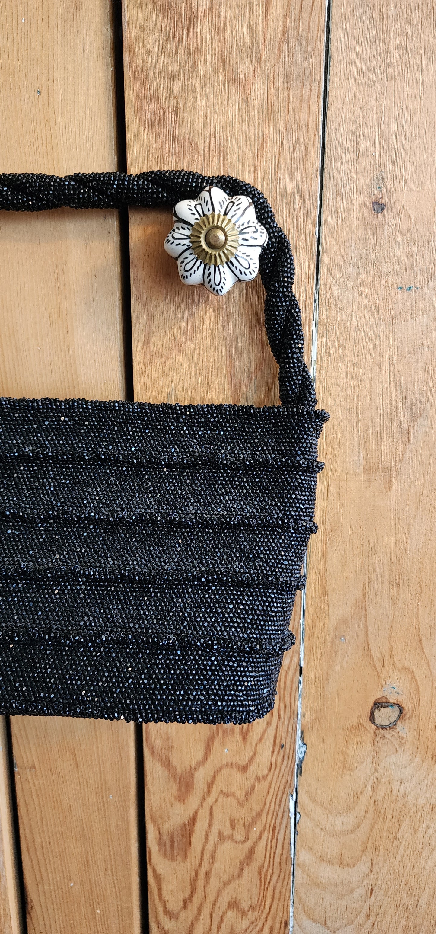 50s Black Beaded Handbag Shiny Hematite