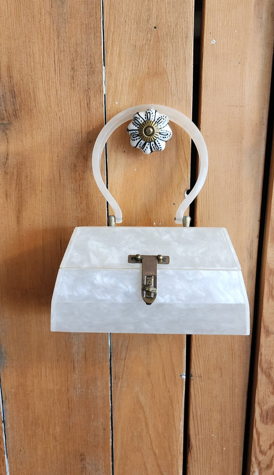 50s White Lucite Bag Top Handle Box Purse by Florida Handbags