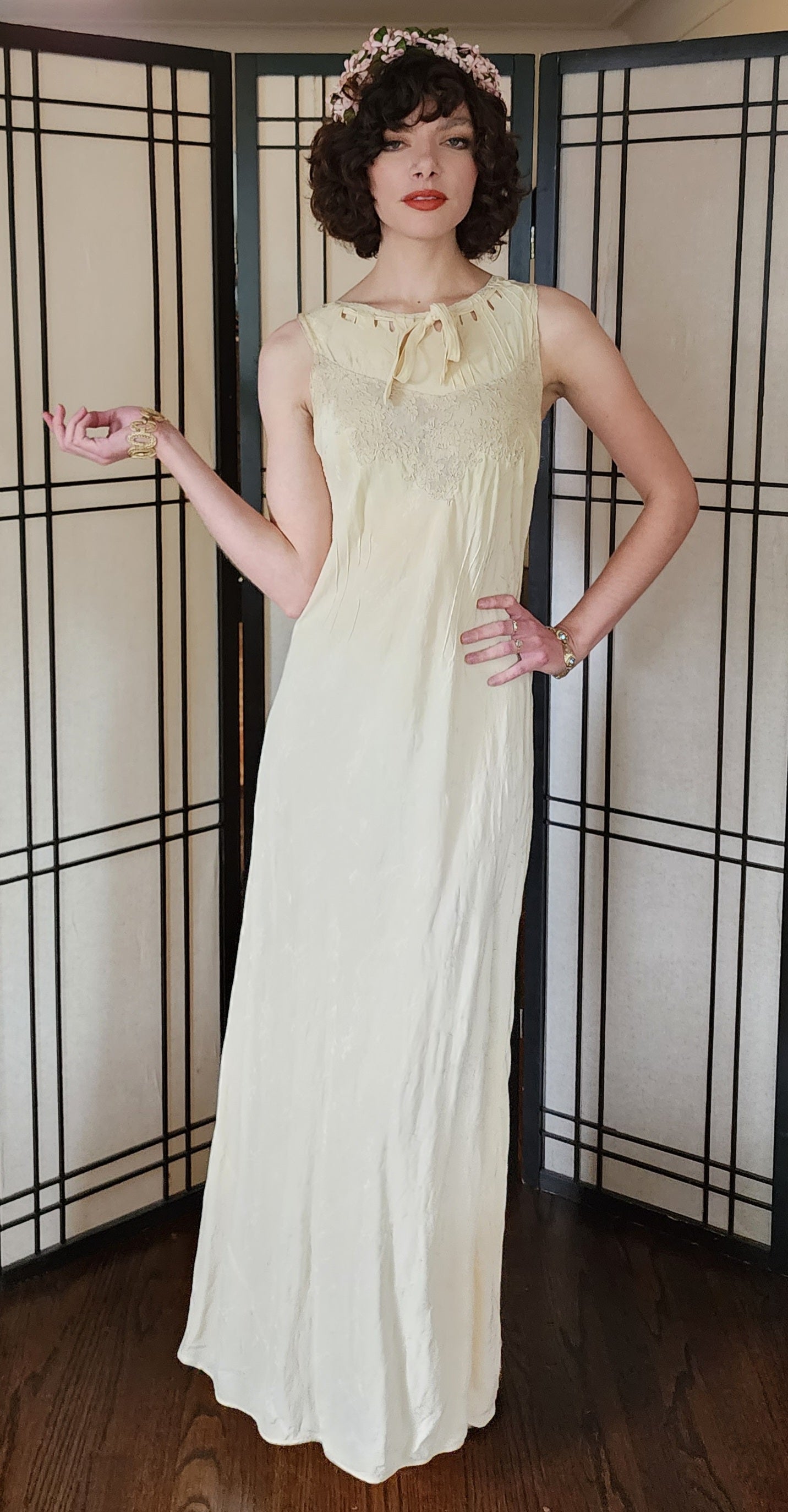 30s Cream Silk Long Slip Dress Embroidered M