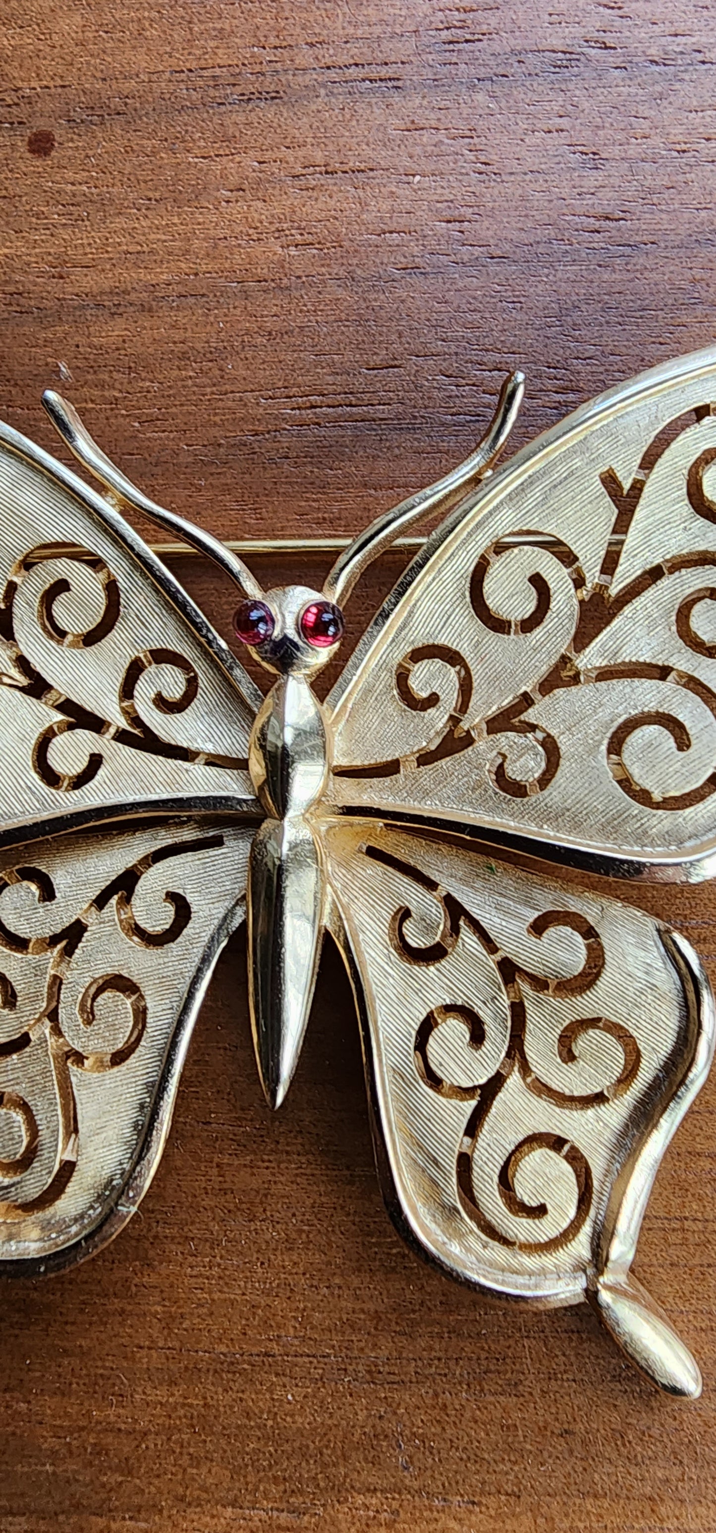 60s Trifari Butterfly Pin Gold Metal Red Rhinestones