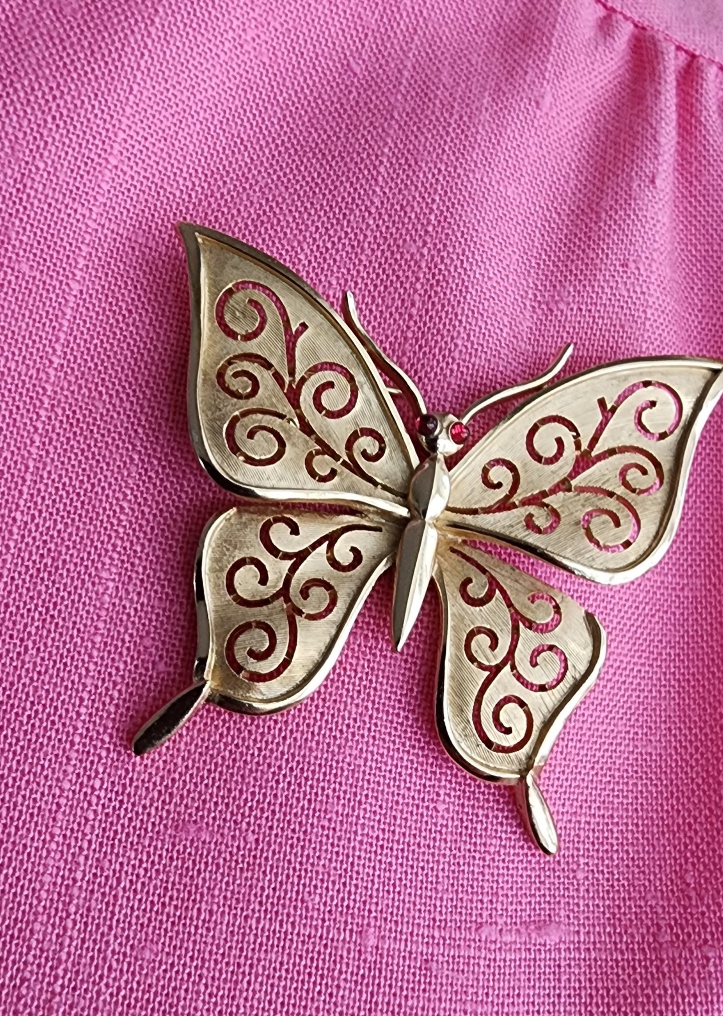 60s Trifari Butterfly Pin Gold Metal Red Rhinestones