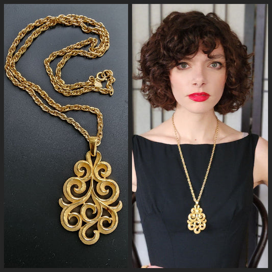 60s Crown Trifari Pendant Necklace Gold Baroque Leafy Scroll