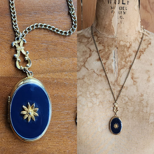 60s Locket Necklace Dark Blue Enamel Gold Star Chain