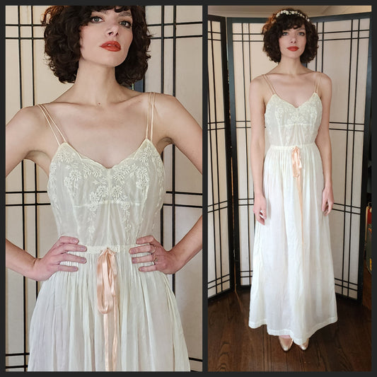 30s Slip Dress Nightgown Embroidered Cream Cotton