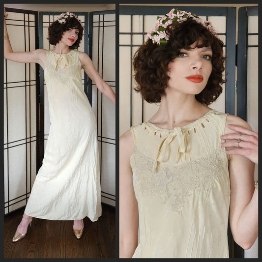 30s Cream Silk Long Slip Dress Embroidered M