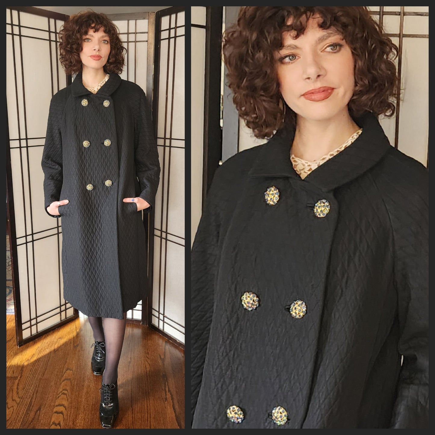 60s Black Coat Quilted w/Blue Rhinestone Buttons Bohan Landorf