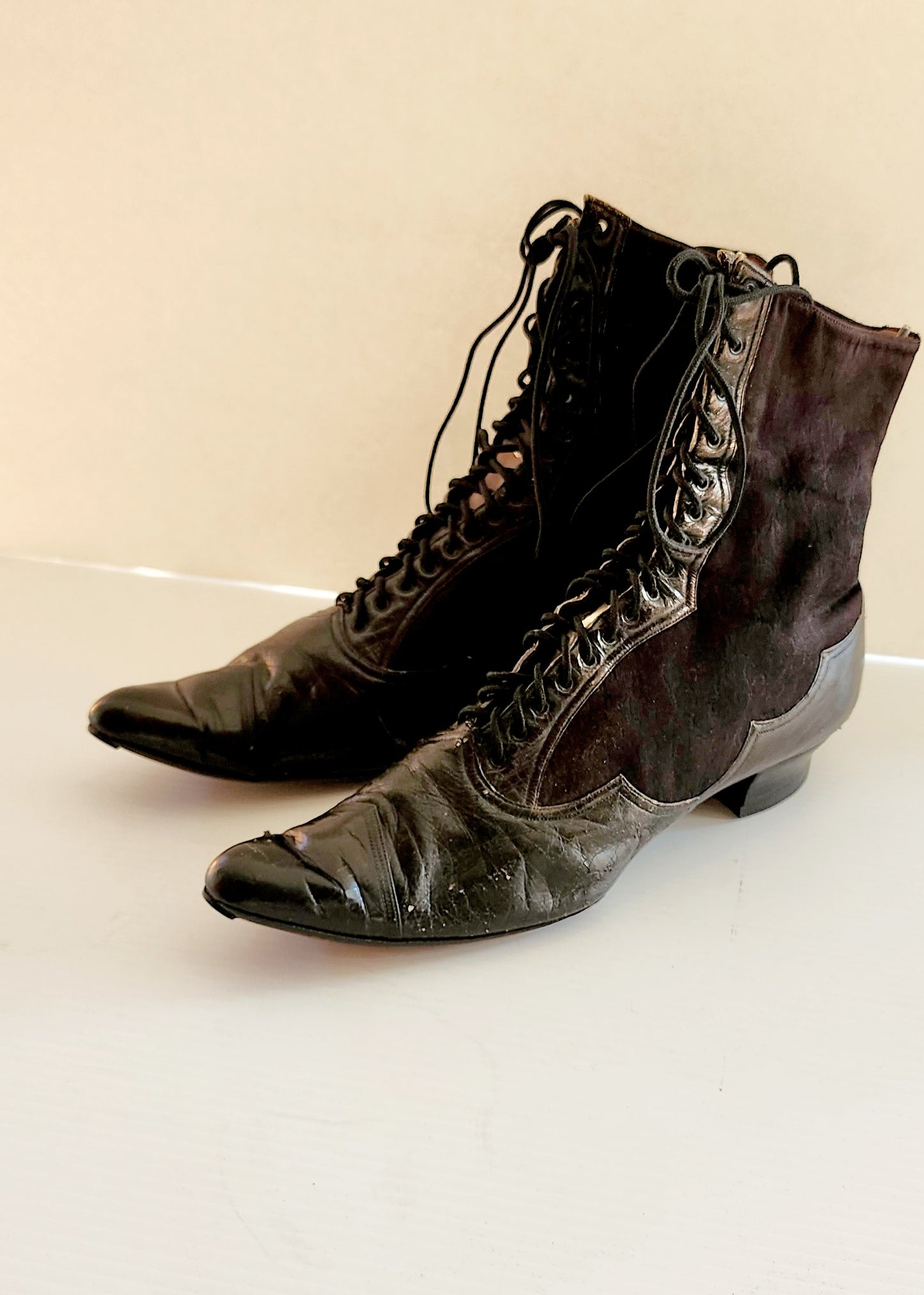 Antique Granny Boots Lace Up Black Silk & Leather Edwardian