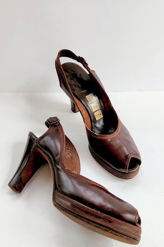 40s Brown Shoes Peep Toe High Heel Slingbacks Size 10 RARE