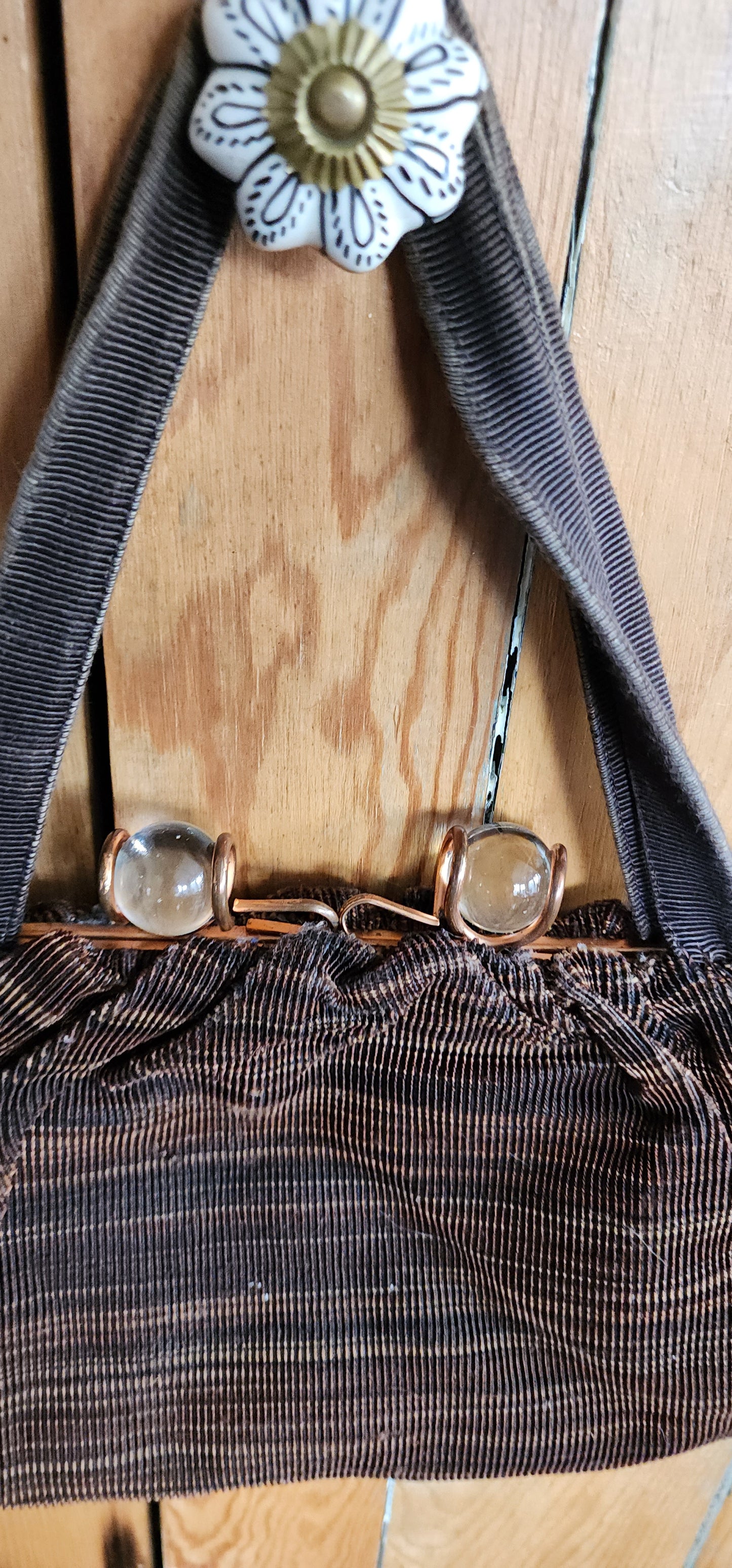 40s Brown Cloth Handbag Glass Balls Clasp